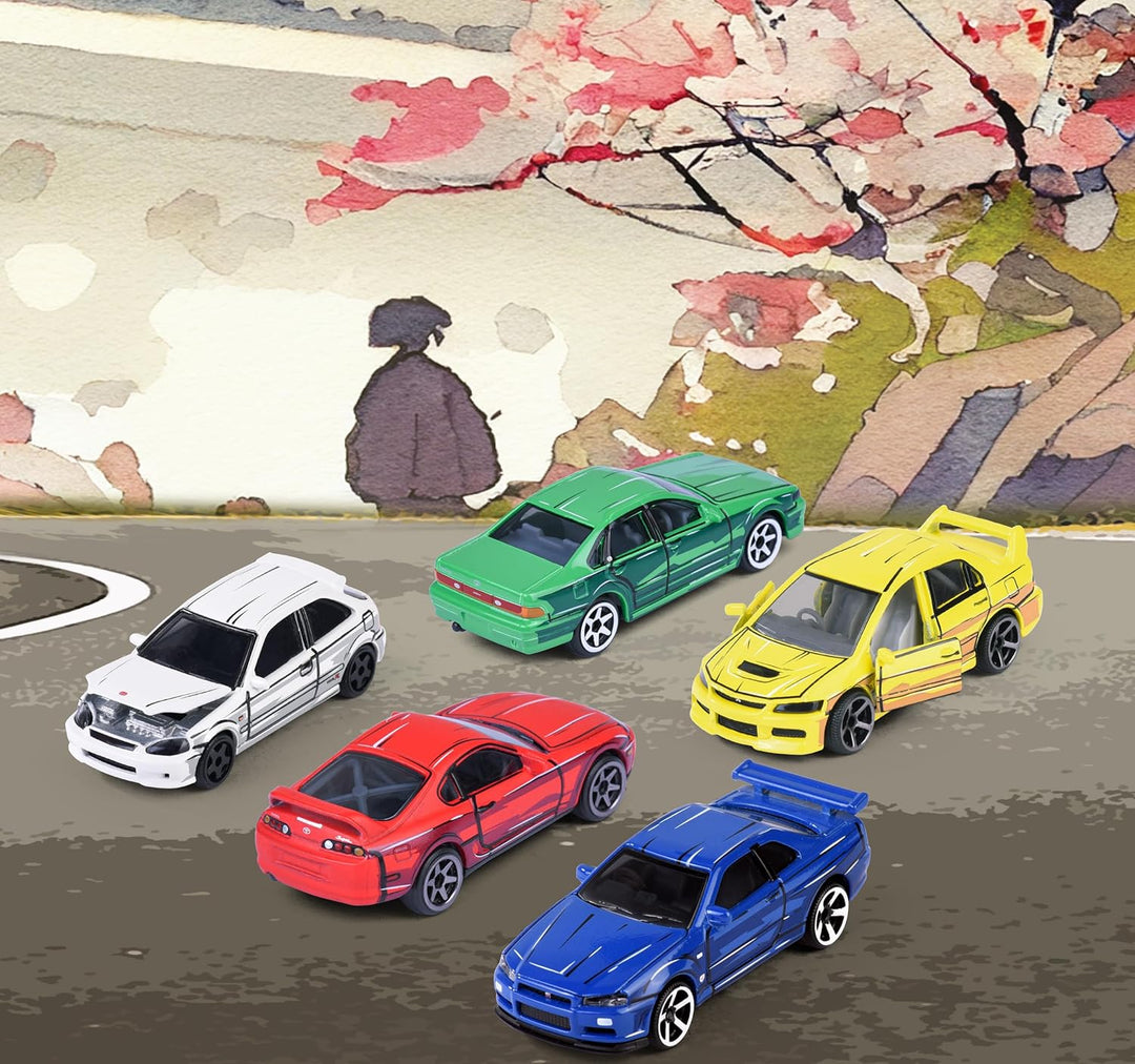 Set of 5 Licensed Majorette Diecast Cars (JDM Legends) - Honda Civic Type R EK9, Nissan Cefiro A31, Nissan Skyline GT-R R34, Toyota Supra JZA80, Mitsubishi Lancer Evolution 9