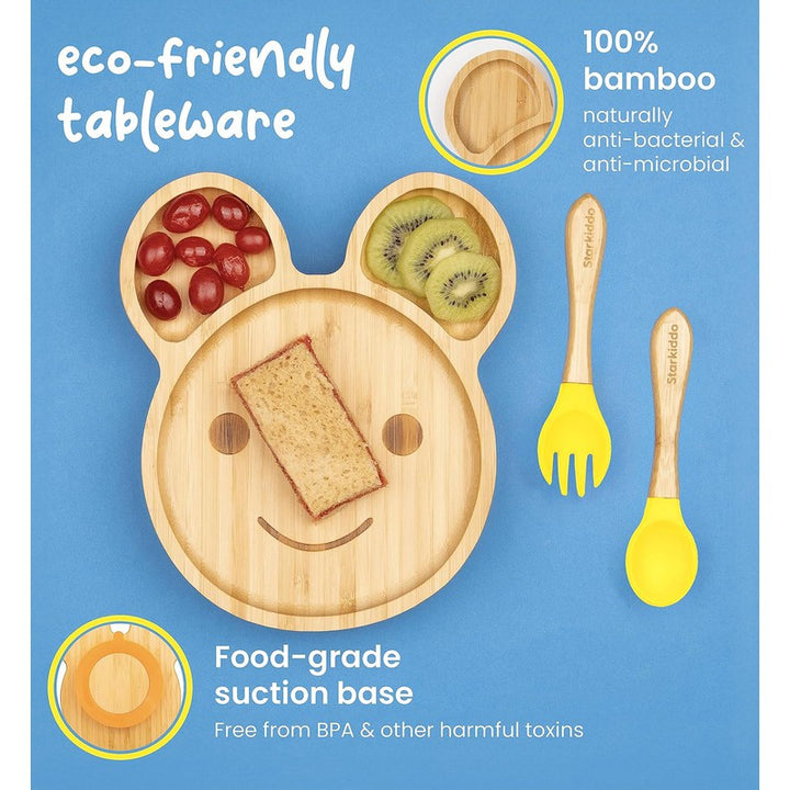 Teddy Bamboo Suction Plates for Baby and Toddler | Weaning Spoon & Fork | Yellow