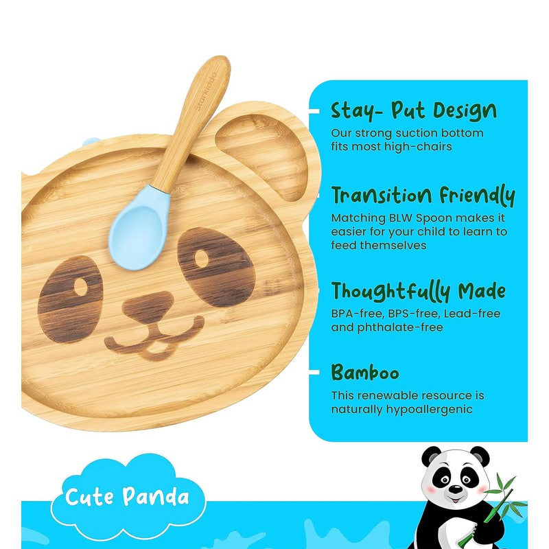 Adorable Panda Bamboo Suction Plates for Baby and Toddler | 3 Sections | Weaning Spoon | Blue