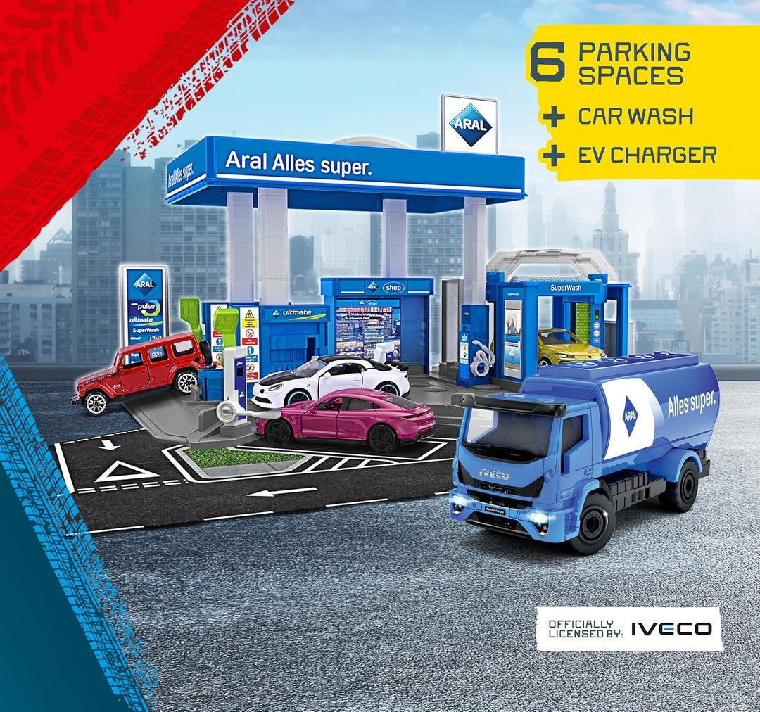 Original Licensed Majorette ARAL Petrol Station Playset with Fuel Tanker | 6 Parking Spaces, Car Wash & EV Charger