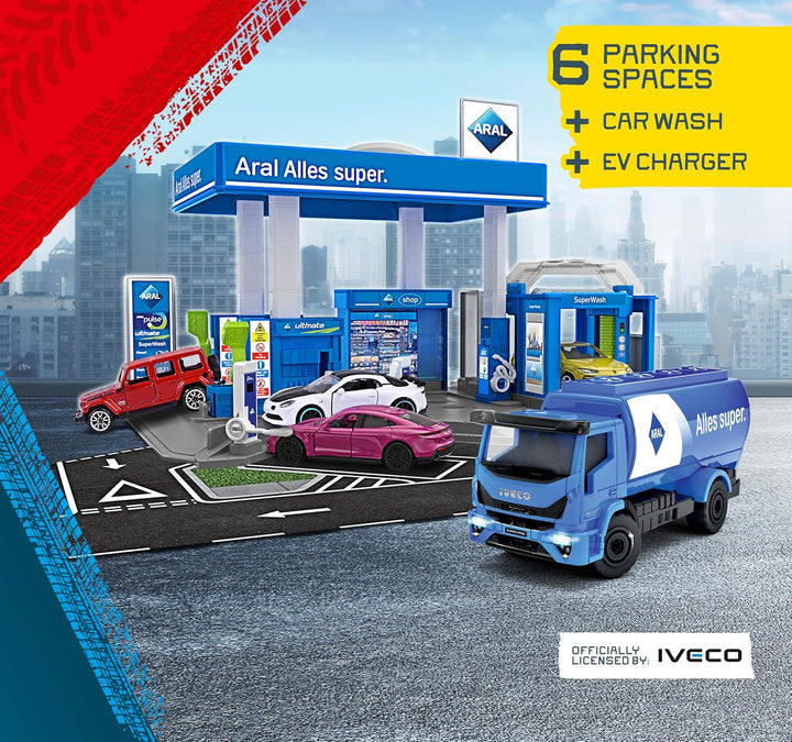 Original Licensed Majorette ARAL Petrol Station Playset with Fuel Tanker | 6 Parking Spaces, Car Wash & EV Charger