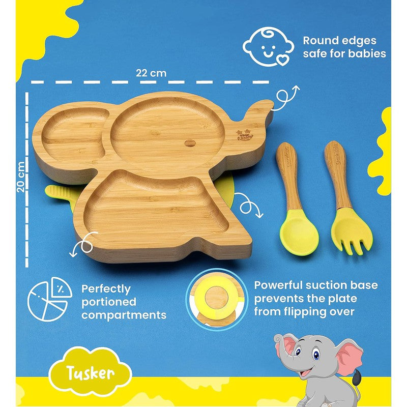 Cute Bamboo Tusker Suction Baby Plate for Kids and Baby-Led Weaning | 3 Sections | Natural Bamboo BPA Free Baby Plate (Yellow)