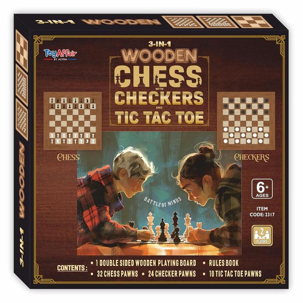 3 in 1 Wooden Chess, Checkers, & Tic Tac Toe Game Set (4 Years till Grown Ups)
