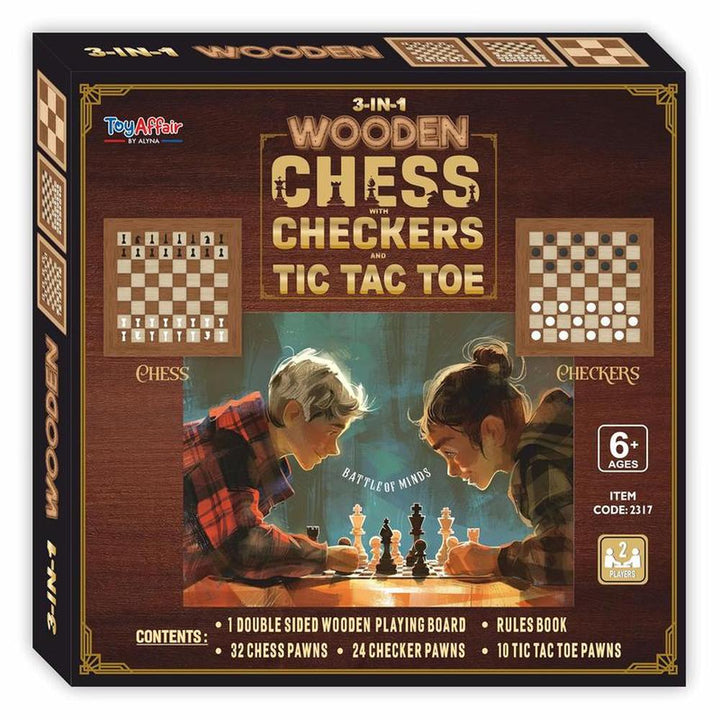 3 in 1 Wooden Chess, Checkers, & Tic Tac Toe Game Set (4 Years till Grown Ups)