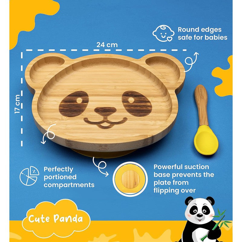 Adorable Panda Bamboo Suction Plates for Baby and Toddler | 3 Sections | Weaning Spoon |Yellow