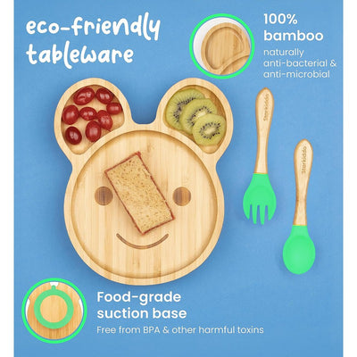 Teddy Bamboo Suction Plates for Baby and Toddler | Weaning Spoon & Fork | Green