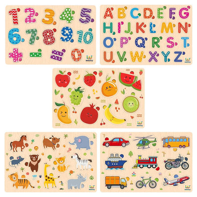 Wooden Educational Colorful Alphabets, Counting Numbers, Fruits, Animals, and Public Transport Puzzle for Preschool Kids - Set of 5