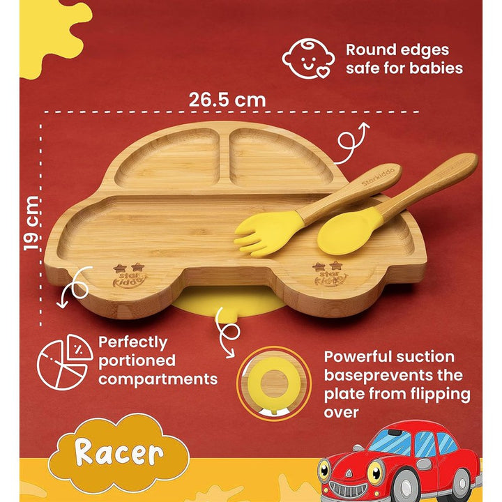 Racer Bamboo Suction Plates for Baby and Toddler | Weaning Spoon & Fork | Yellow