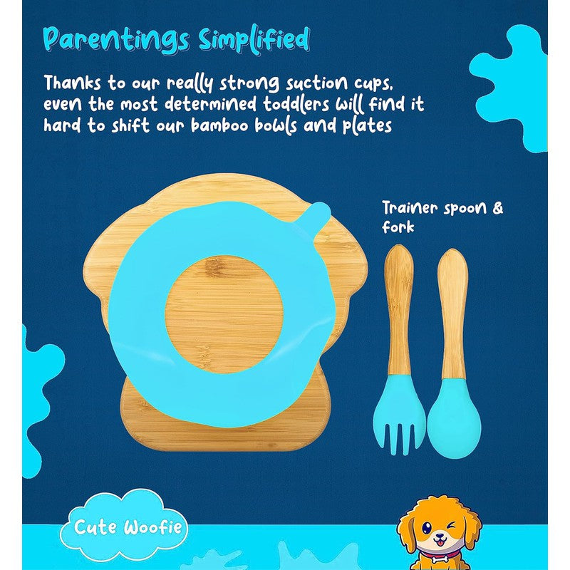 Woofie Baby Plate | Bamboo Suction Plates for Babies | Ideal for Baby-Led Weaning and Toddler Self-Feeding | Blue