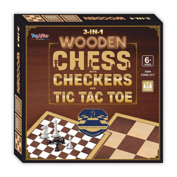 3 in 1 Wooden Chess, Checkers, & Tic Tac Toe Game Set (4 Years till Grown Ups)