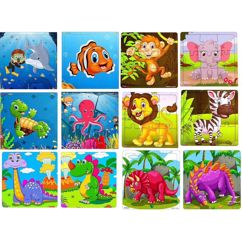 Wooden Jigsaw Puzzle - 9 Pieces (Pack of 12 - Animals+Dinos+Sea)