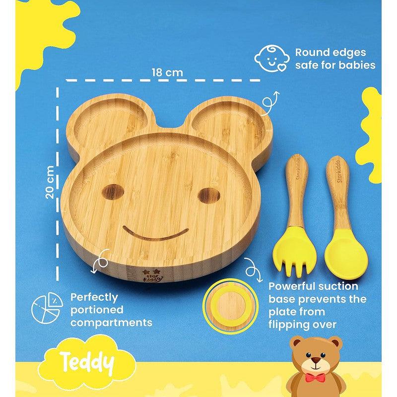 Teddy Bamboo Suction Plates for Baby and Toddler | Weaning Spoon & Fork | Yellow