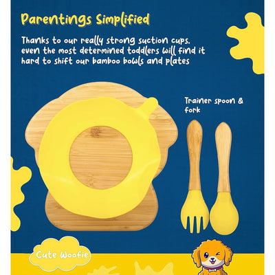 Woofie Baby Plate | Bamboo Suction Plates for Babies | Ideal for Baby-Led Weaning and Toddler Self-Feeding | Yellow