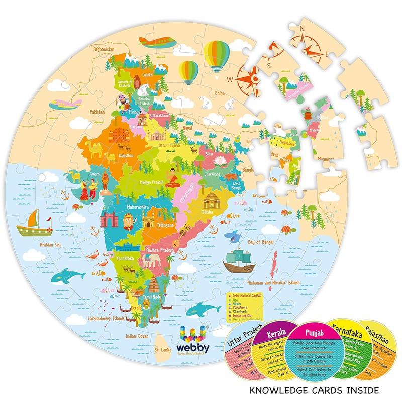 Amazing India Map Jigsaw Floor Puzzle 60 Pcs with 4 Double Sided Flashcards