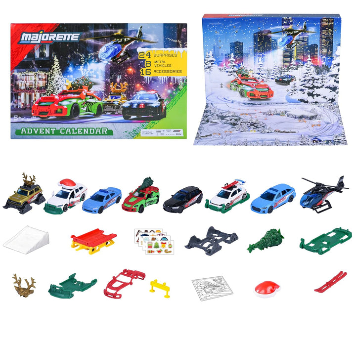 Majorette Car Advent Calendar 2025 - 24 Surprises, 8 Metal Vehicles & 16 Accessories