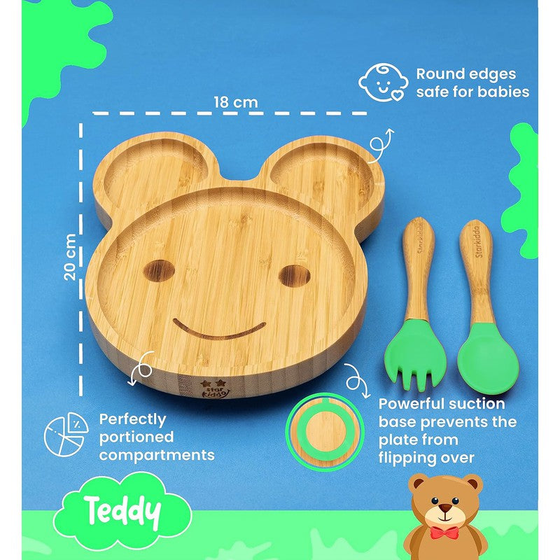 Teddy Bamboo Suction Plates for Baby and Toddler | Weaning Spoon & Fork | Green