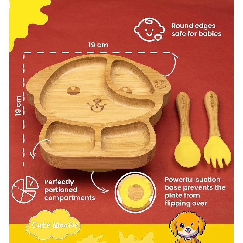 Woofie Baby Plate | Bamboo Suction Plates for Babies | Ideal for Baby-Led Weaning and Toddler Self-Feeding | Yellow