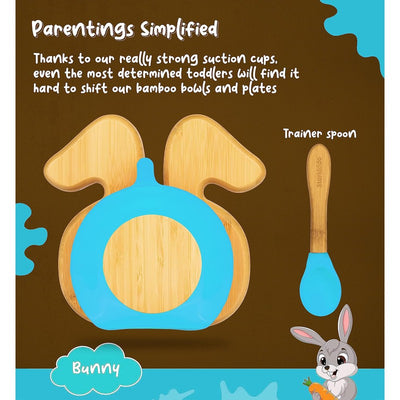 Bamboo Bunny Suction Plate for Kids and Baby-Led Weaning | Natural Bamboo BPA Free (Blue)