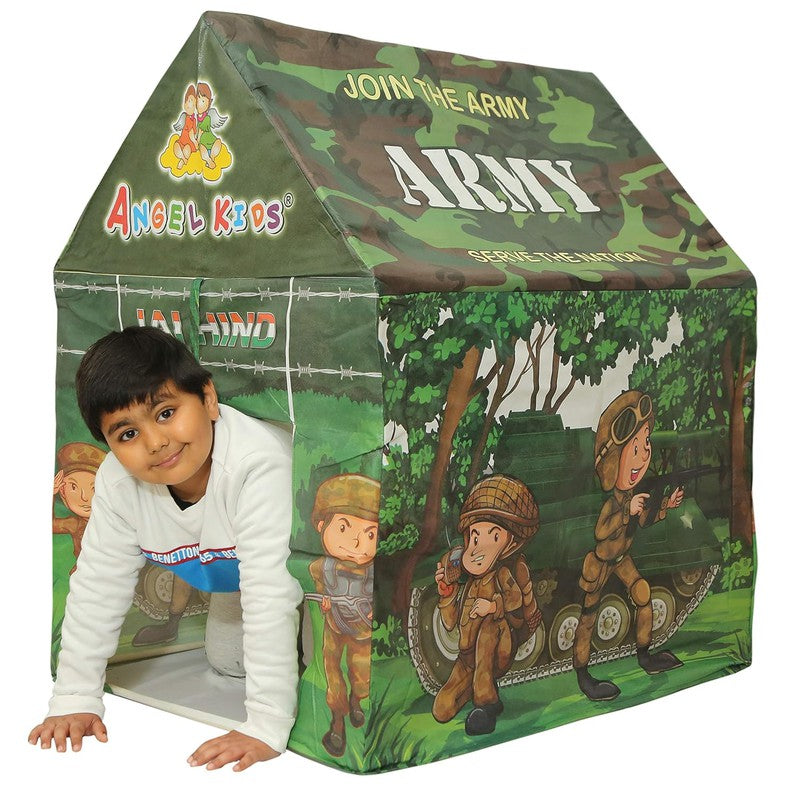Army Play Tent House For Kids | Indoor Outdoor Use- With Gun, Grenade, Walkie Talkie Toys, Army Dress & Led Lights Inside, Green, Tent House Theme