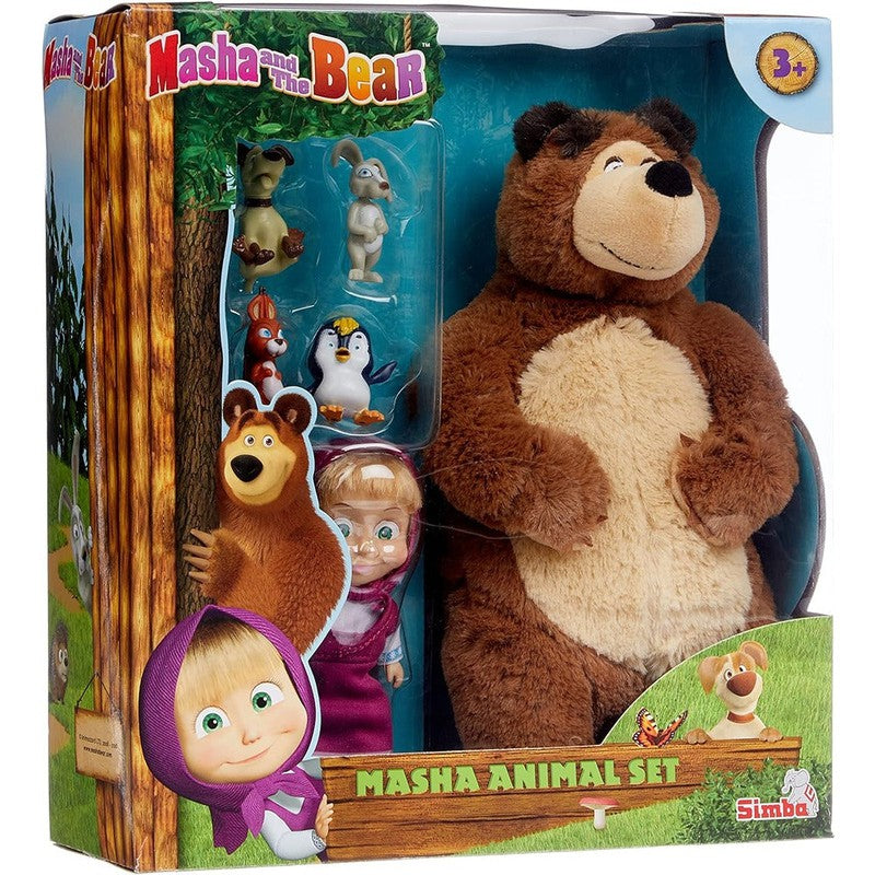 Licensed Masha and The Bear Plush Bear, Doll and Animals Playset