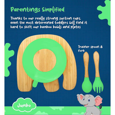 Jumbo Bamboo Suction Plates for Baby and Toddler | Weaning Spoon & Fork | Green