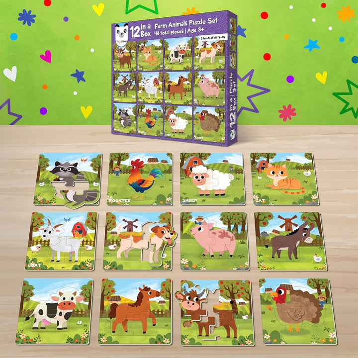 Play Panda 12 in 1 Farm Animals Puzzle Set I Preschool Educational Activity for Kids