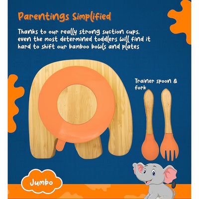 Jumbo Bamboo Suction Plates for Baby and Toddler | Weaning Spoon & Fork | Orange