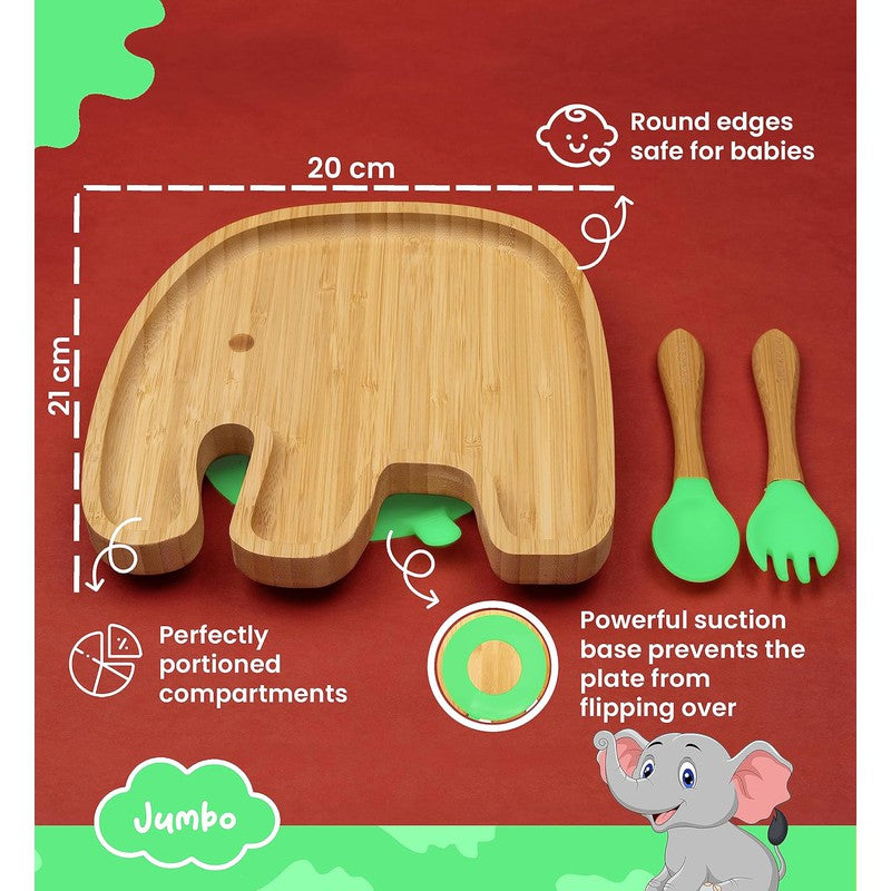 Jumbo Bamboo Suction Plates for Baby and Toddler | Weaning Spoon & Fork | Green