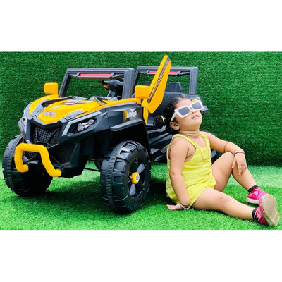 Yellow Driving Jeep Ride on | Remote + Mobile App Control & Manual Steering Drive Car | Bluetooth Music Player | Loading Capacity of 50 Kg | COD Not Available