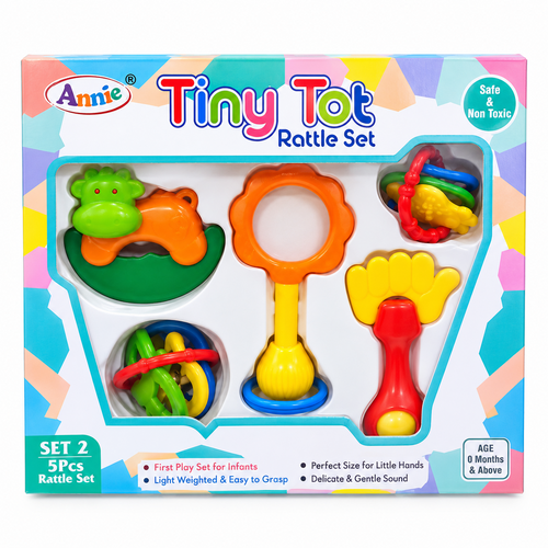 Annie Tiny Tot Rattle Set | Colorful Baby Rattles & Grasping Toys | Safe & Non-Toxic Infant Toy Set | 5 Pieces