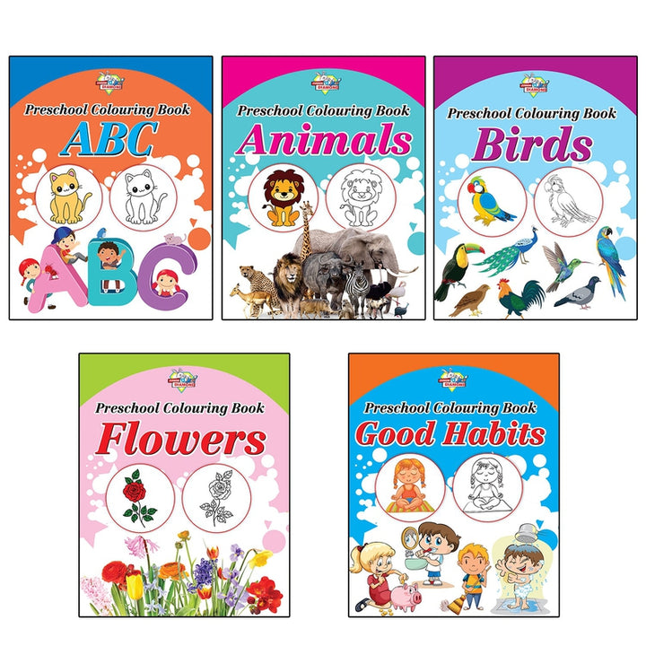 Preschool Colouring Books for Kids (Set of 5 Books) Copy Colouring Books | ABC | Animals | Birds | Flowers | Good Habits