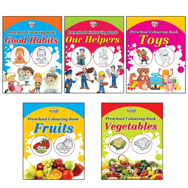 Preschool Colouring Books for Kids (Set of 5 Books) Copy Colouring Books | Good Habits | Helpers | Toys | Fruits | Vegetables