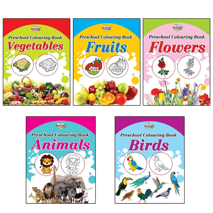 Preschool Colouring Books for Kids (Set of 5 Books) Copy Colouring Books | Vegetables | Fruits | Flowers | Animals | Birds