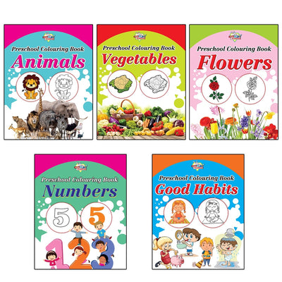 Preschool Colouring Books for Kids (Set of 5 Books) Copy Colouring Books | Animals | Vegetables | Flowers | Numbers | Good Habits