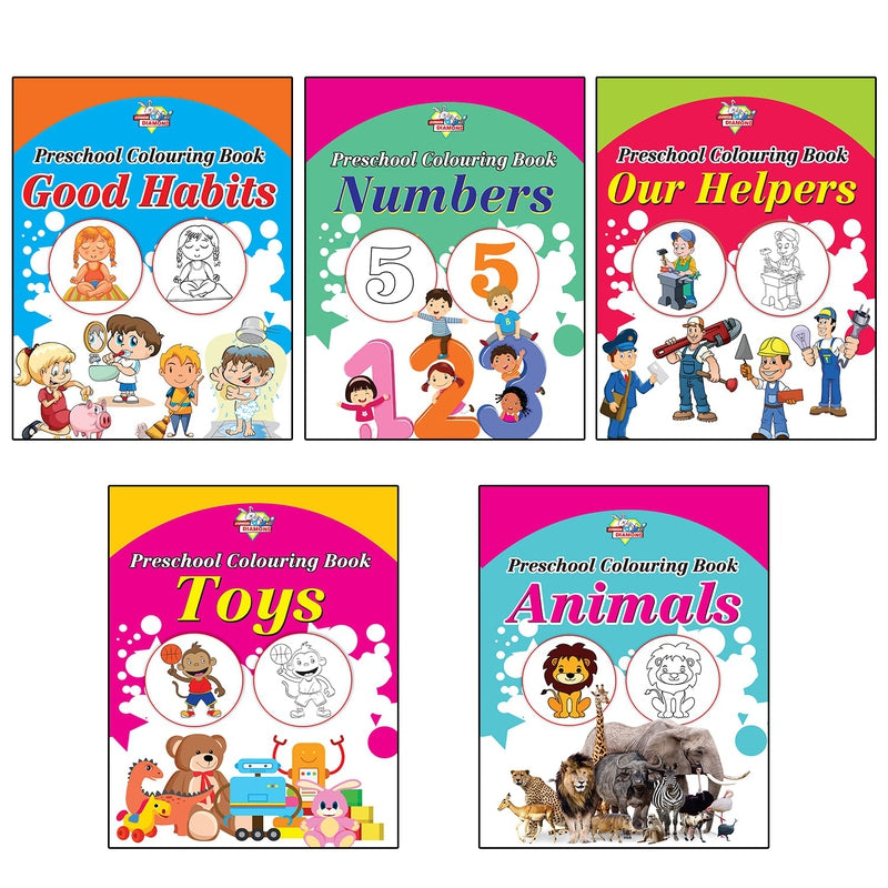 Preschool Colouring Books for Kids (Set of 5 Books) Copy Colouring Books | Good Habits | Numbers | Helpers | Toys | Animals