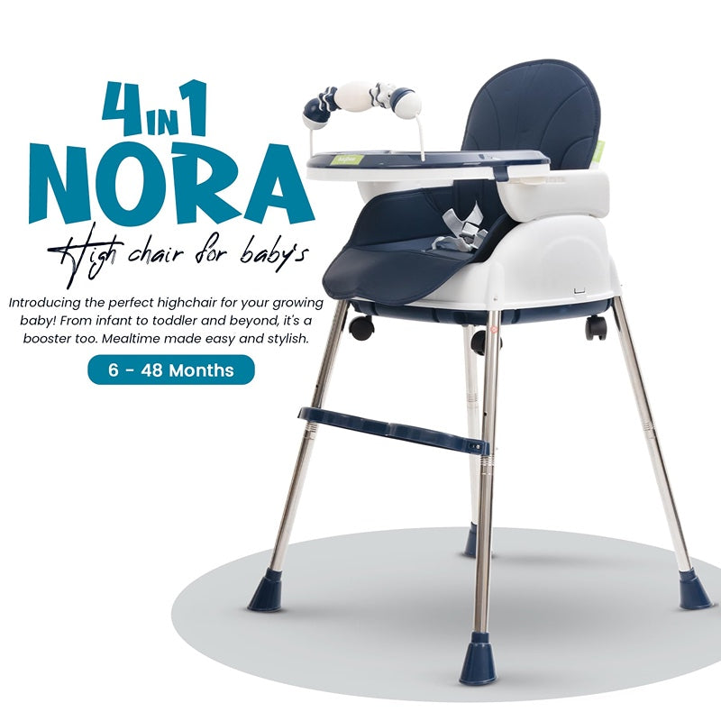 4 in 1 Nora Convertible High Chair for Kids with Adjustable Height and Footrest, Baby Toddler Feeding Booster Seat with Tray, Wheels, Safety Belt and Cushion