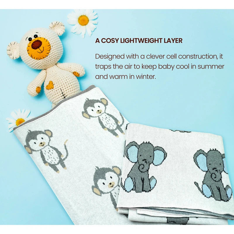 Premium Baby Blanket Knit 100% Cotton with Cute Animal Prints - Beige (Elephant Print)