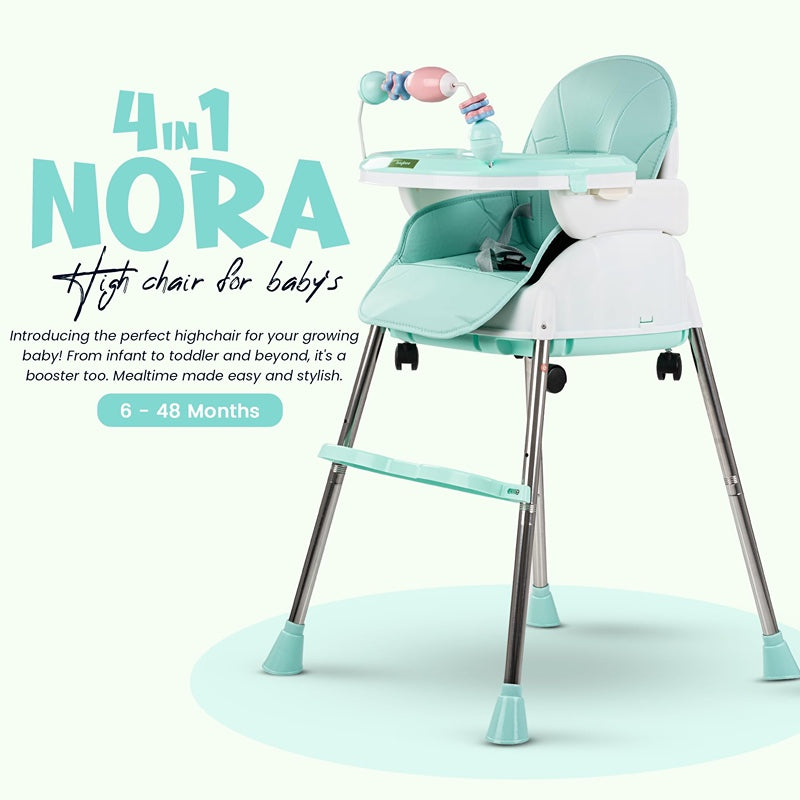 4 in 1 Nora Convertible High Chair for Kids with Adjustable Height and Footrest, Baby Toddler Feeding Booster Seat with Tray, Wheels, Safety Belt and Cushion