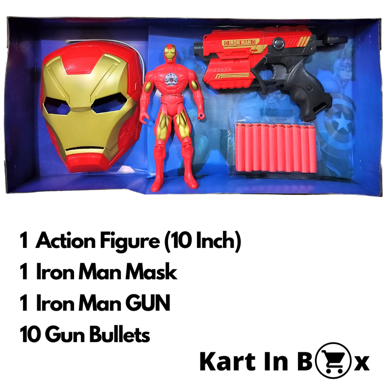 Set of Iron Man | Iron Man Action Figure Toy | Play Gun with Bullets | Mask (Big in Size)