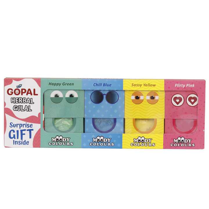 Gopal Herbal Gulal Kit - 4 Gulal (French Perfume Fragrance) & 1 Surprise Gift Inside | Moody Colors