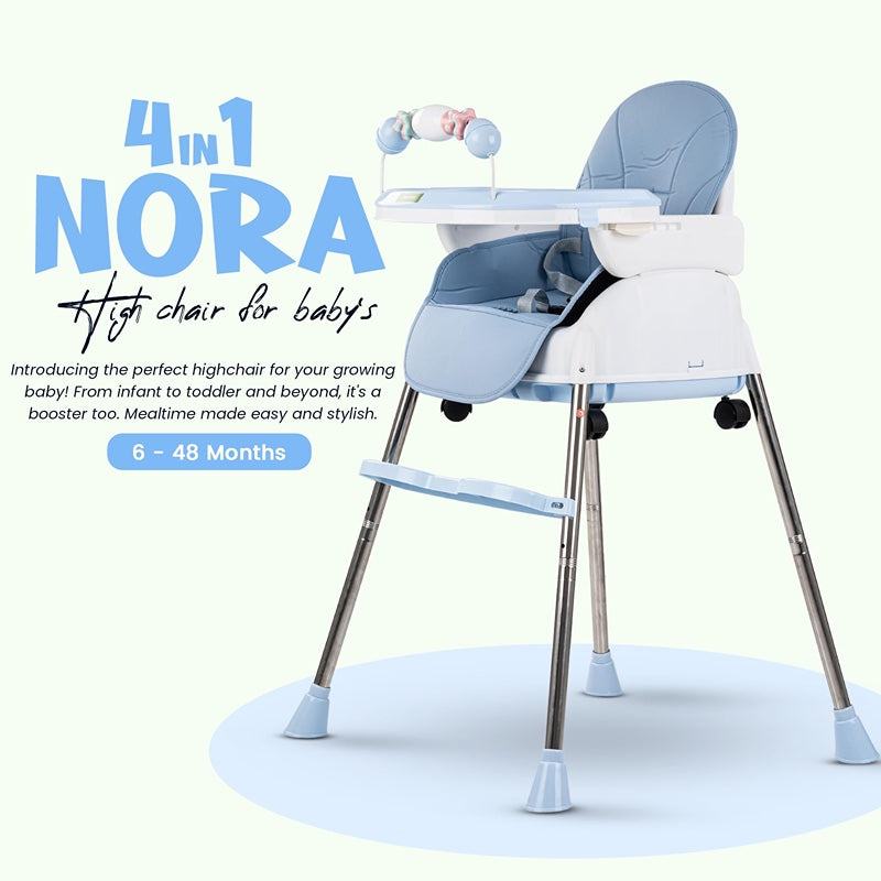 4 in 1 Nora Convertible High Chair for Kids with Adjustable Height and Footrest, Baby Toddler Feeding Booster Seat with Tray, Wheels, Safety Belt and Cushion