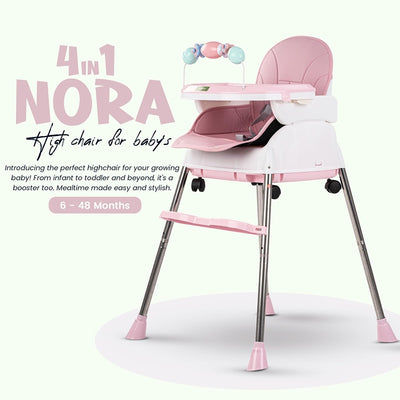 4 in 1 Nora Convertible High Chair for Kids with Adjustable Height and Footrest, Baby Toddler Feeding Booster Seat with Tray, Wheels, Safety Belt and Cushion