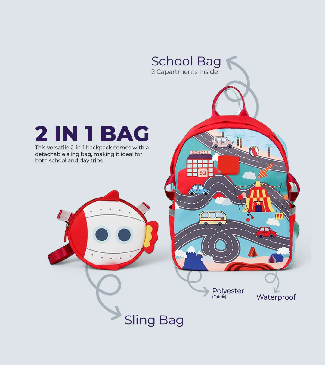 UATOYS 2 in 1 Kids Backpack with Detachable Sling Bag (3-12 Years)