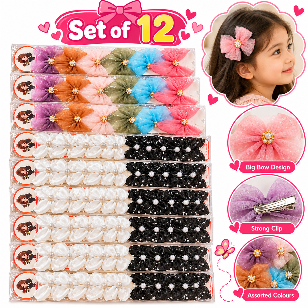 Set of 12 Big Bow Design Hair Clip Sets – Assorted Colour Pearl Decorated Hair Accessories for Girls | Kanjak Special