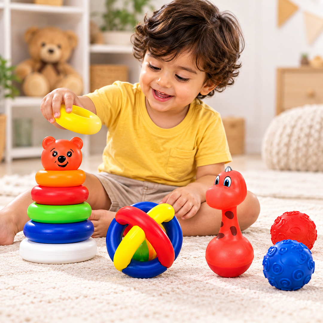 Ratna's 4 in 1 Tiny Joy Gift Set - Stacker, Musical Spiral, Dino Roly Poly Toy, Squeezy Balls