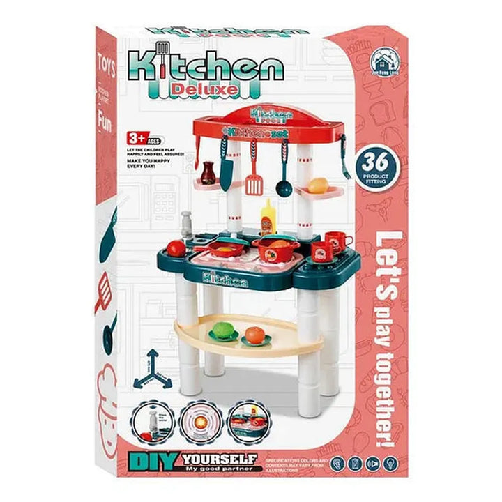 Kitchen Deluxe Pretend Play Set with Light & Sound | 36-Piece Kids Kitchen Toy with Manual Water Faucet