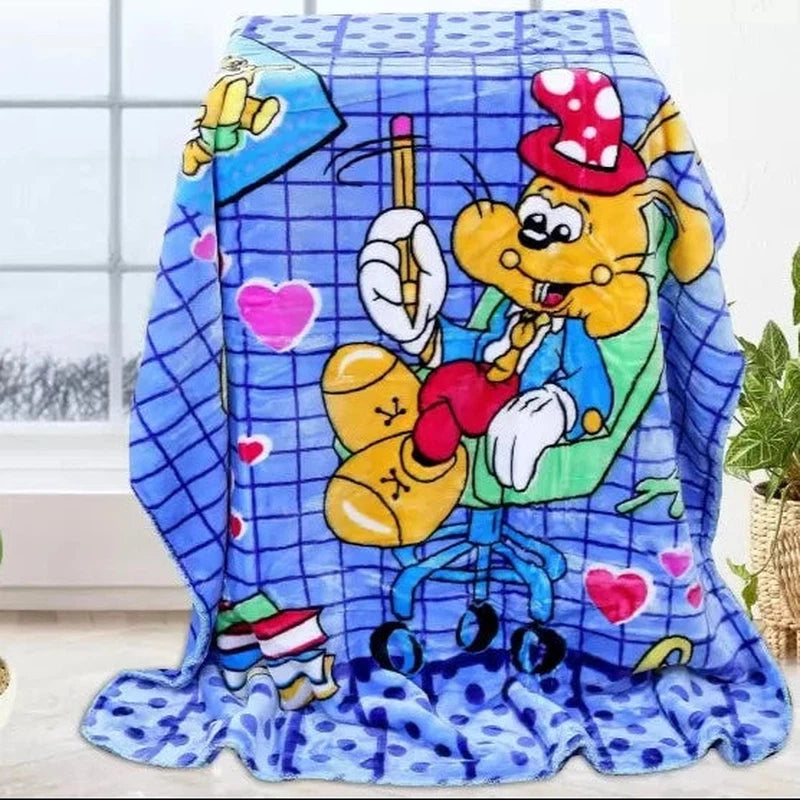 Cartoon Themed Woolen Mink Blanket for Kids (Blue)