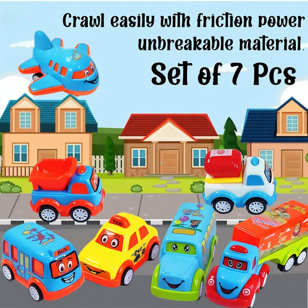 FunBlast Set of 7 Push and Go Crawling Vehicles Toy (1-4 Years)