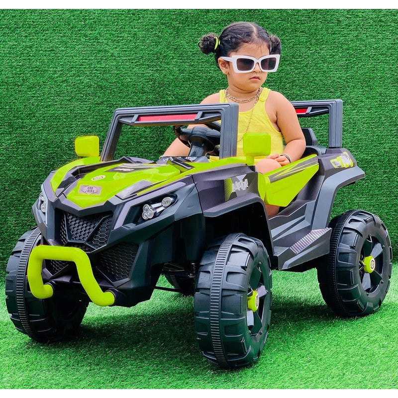 Green Driving Jeep Ride on | Remote + Mobile App Control & Manual Steering Drive Car | Bluetooth Music Player | Loading Capacity of 50 Kg | COD Not Available
