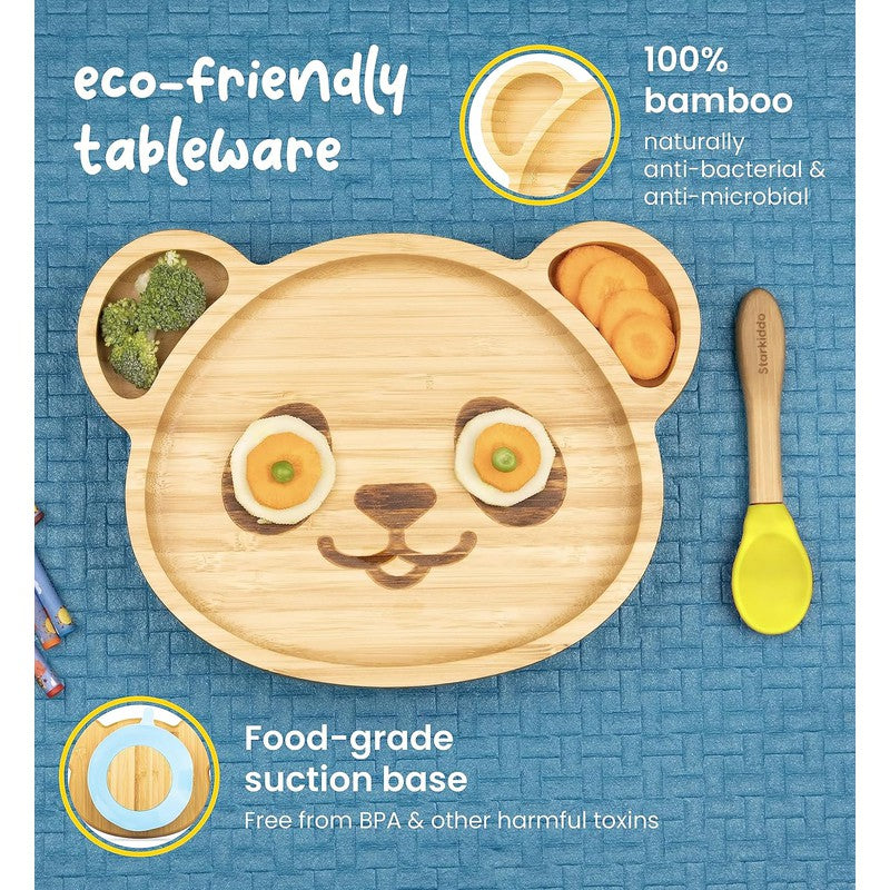 Adorable Panda Bamboo Suction Plates for Baby and Toddler | 3 Sections | Weaning Spoon |Yellow